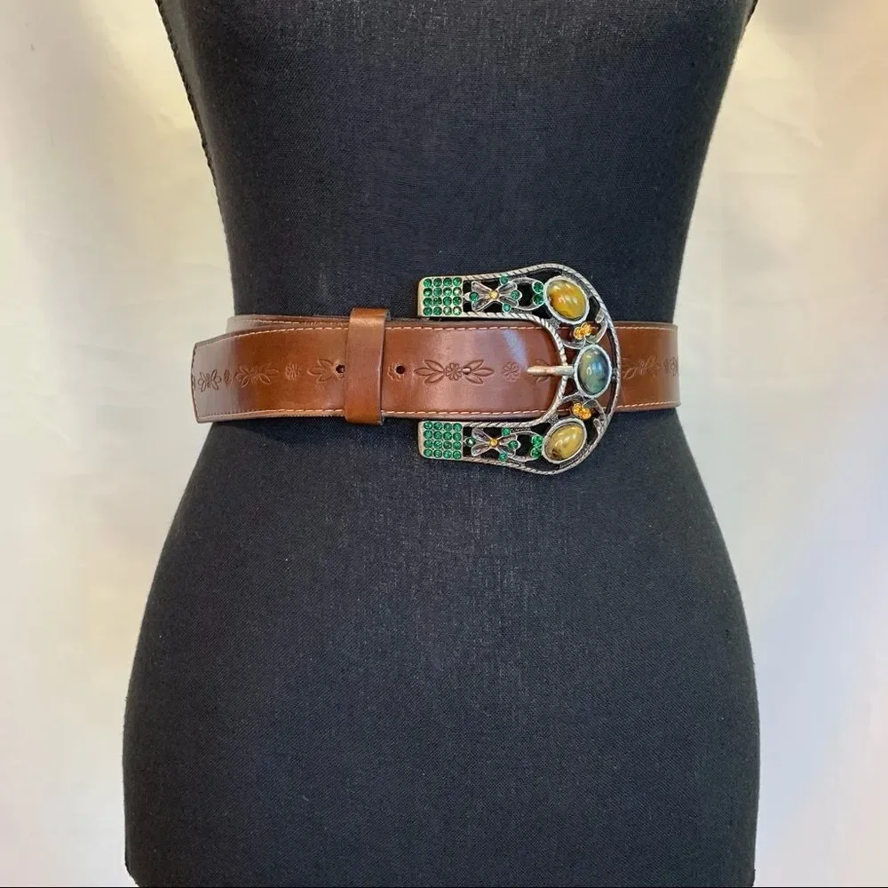 BUFFALO David Bitton green yellow Rhinestone Gem Embellished brown leather belt